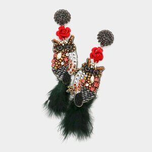 Rose Flower Multi Beaded Feather Crystal Owl Link Dangle Earrings